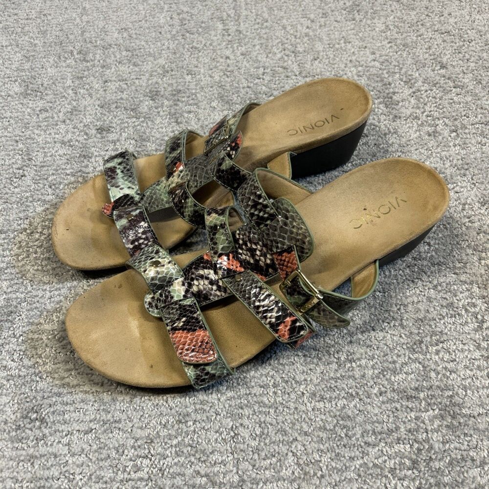 Vionic Radia Slides Sandals Womens 12 Wedge Snake Print Brown Green Comfort